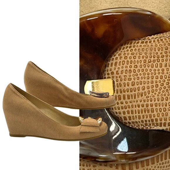 Stuart Weitzman Sz 6.5 Tan Leather Bucalina Tortoiseshell Buckle Round Toe Wedge - Picture 1 of 7